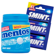 Mentos gum pot à 40-100 stuks,
2- of 3-packs
of Smint duopack à 100 mints